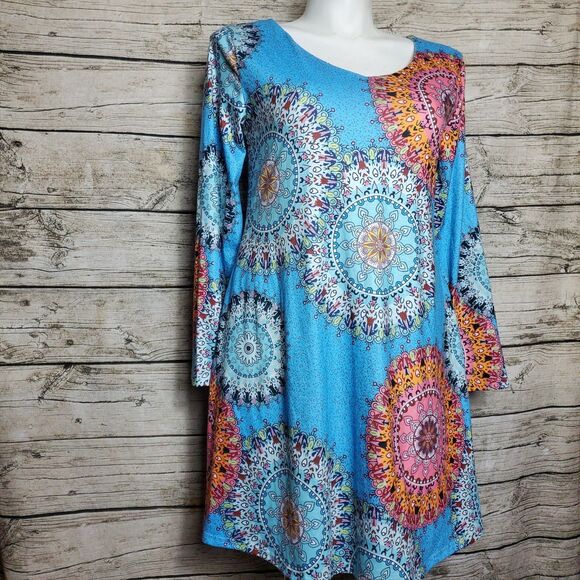 Leo Rosi Sky Blue Mandala Print Dress Size Medium - Picture 1 of 7